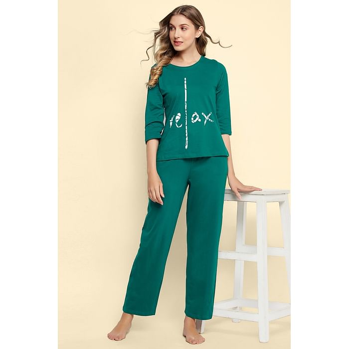 

Clovia Text Print Top & Pyjama Set in Teal Green - 100% Cotton - LS0664P17, Dark green