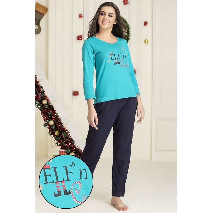 

Clovia Text Print Top & Pyjama Set in Teal Green & Navy Blue - Cotton - LSC131P17, Dark green