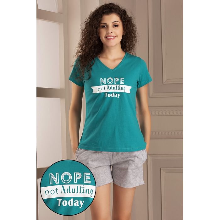 

Clovia Text Print Top & Short Set in Teal Green & Grey- Cotton - LSC135D17, Dark green