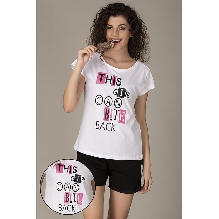 

Clovia Text Print Top & Short Set in White & Black- Cotton - LSC132A18
