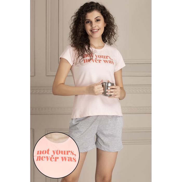 

Clovia Text Print Top & Shorts Set in Light Pink & Grey - Cotton - LSC126P22