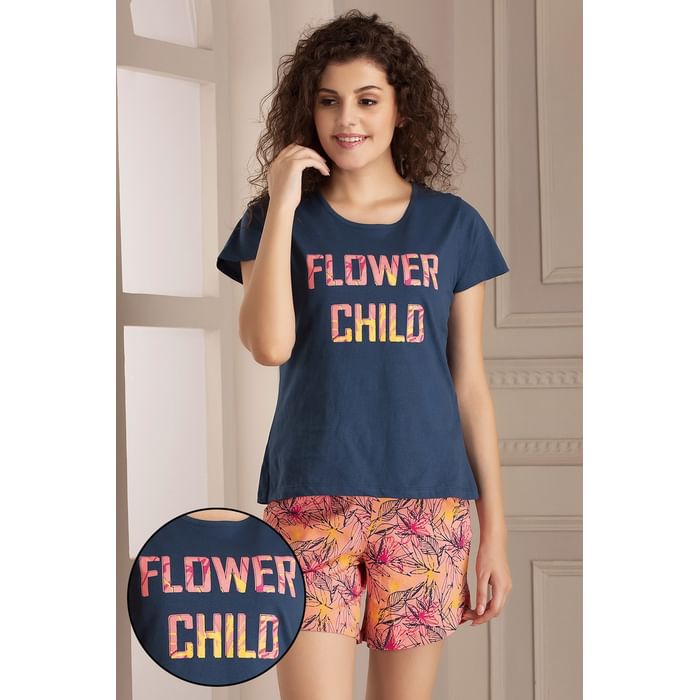 

Clovia Pretty Florals Top & Shorts Set in Navy & Peach - Cotton Rich - LS0410A08