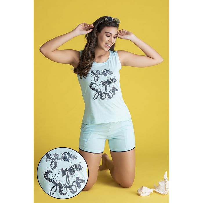 

Clovia Text Print Top & Shorts Set in Sky Blue- 100% Cotton - LS0462P03, Light blue