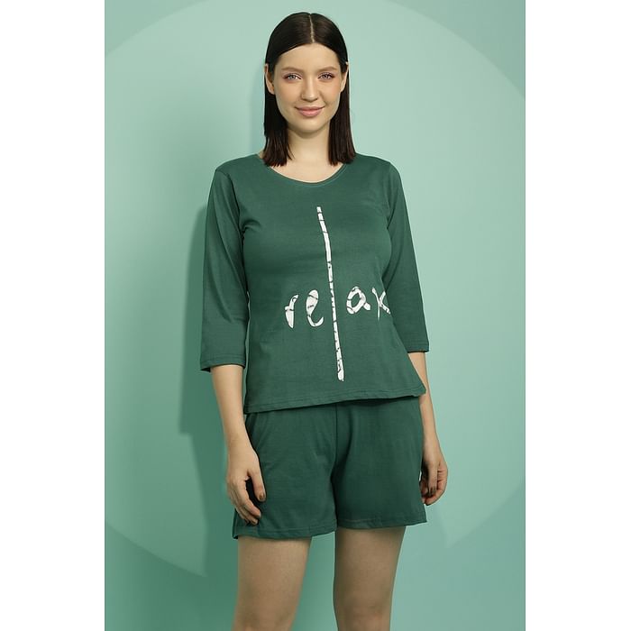 

Clovia Text Print Top & Shorts Set in Teal Green - 100% Cotton - LS0661A17, Dark green