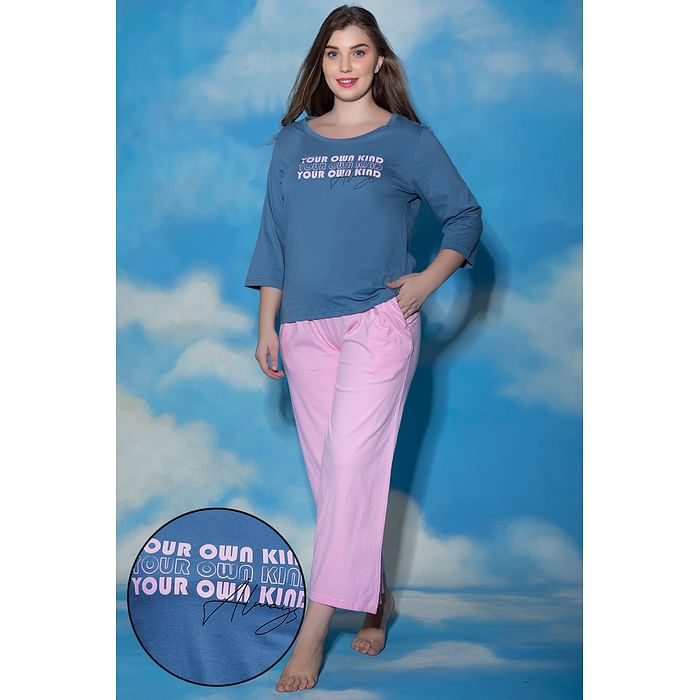 

Clovia Text Print Top & Solid Flared Pyjama Set in Blue - 100% Cotton - LS0546P05, Dark grey