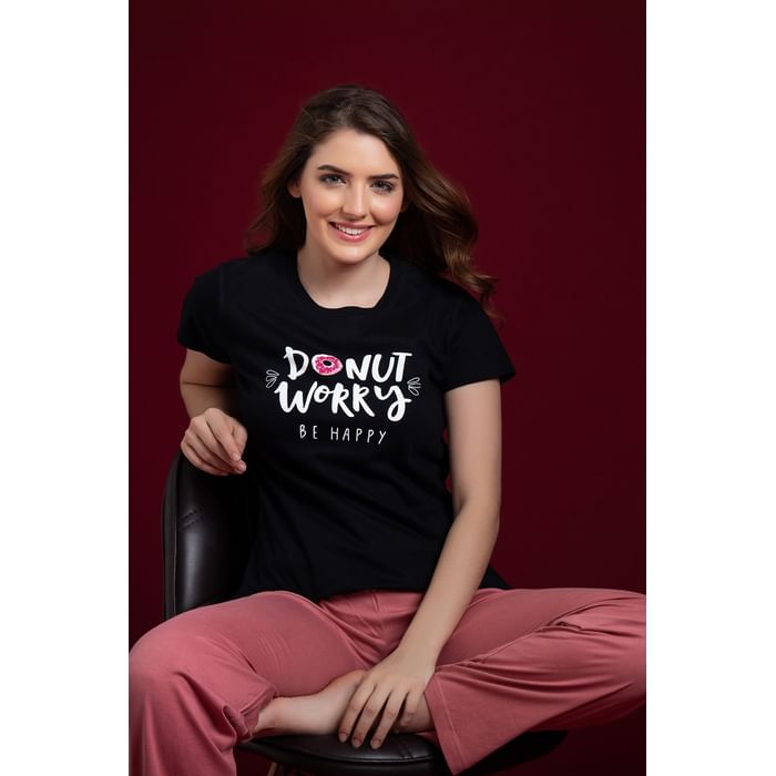 

Clovia Text Print Top & Solid Pyjama Set in Black & Salmon Pink - 100% Cotton - LS0420P13