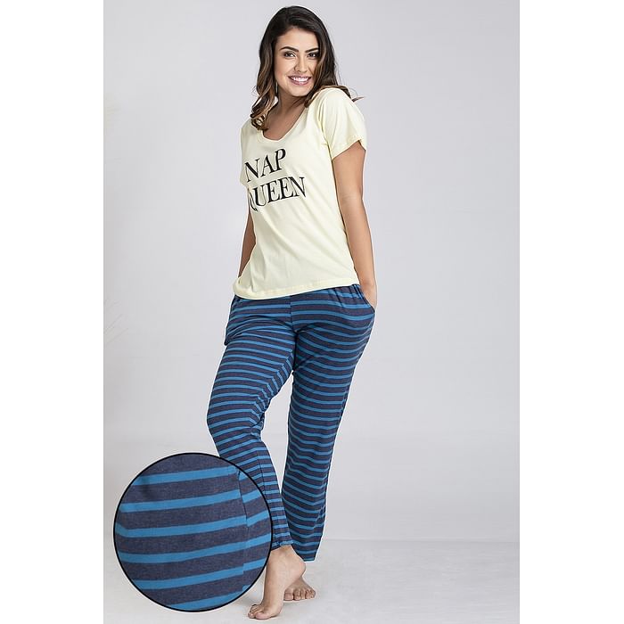 

Clovia Lazy Lounge Top & Pyjama in Yellow & Blue- 100% Cotton - LSC132P02, Light yellow