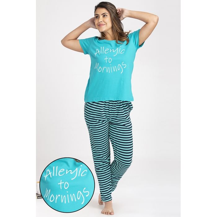 

Clovia Text Print Top & Striped Pyjama Set in Dark Green - Cotton Rich - LSC124P17
