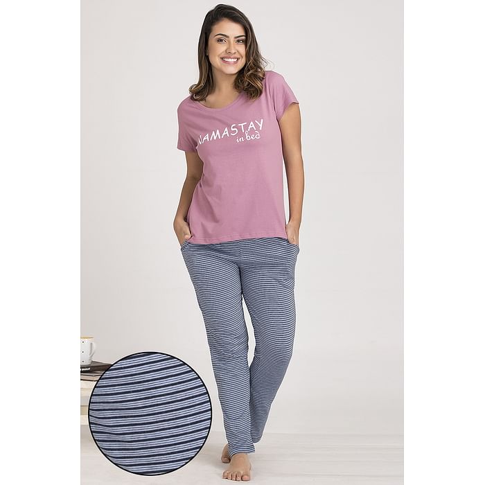 

Clovia Text Print Top & Striped Pyjama Set in Dark Purple - Cotton Rich - LSC124A15