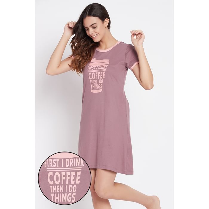 

Clovia Text & Sipper Print Short Nightdress in Mauve - 100% Cotton - NS1398P15, Purple