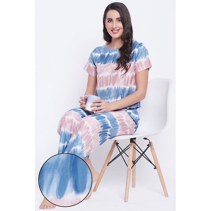 

Clovia Tie-dye Cropped Top & Pyjama Set in Dusty Pink - Crepe - LS0545P19, Multicolour