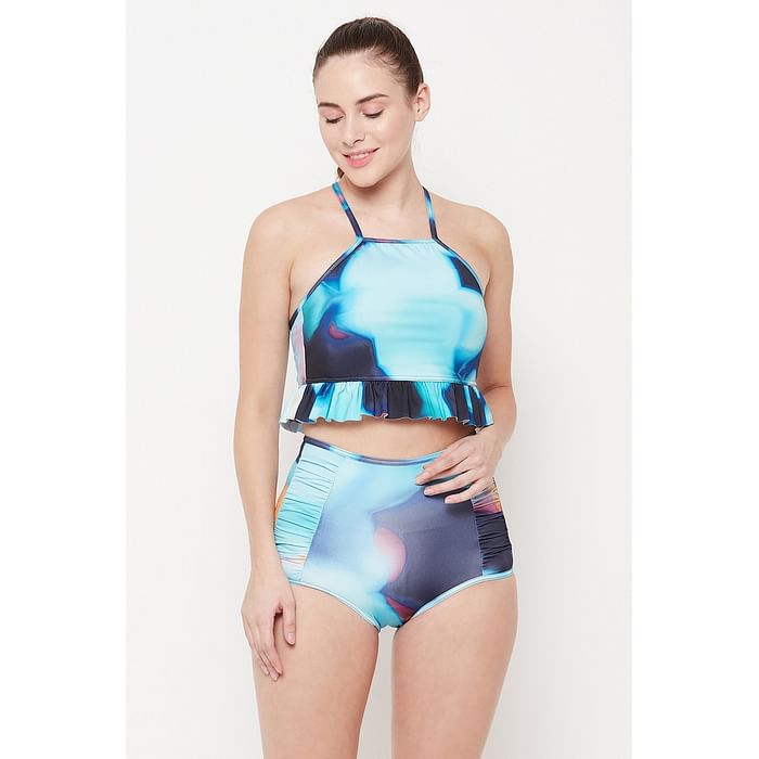 

Clovia Tie-Dye Print Padded Tankini with High Waist Swim Bottoms in Sky Blue - SM0118P03, Light blue