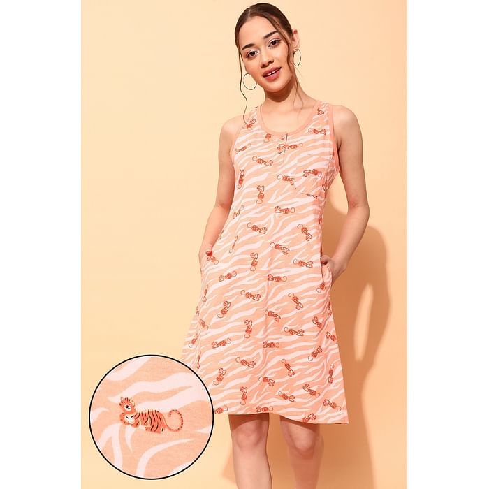 

Clovia Tiger Print Short Night Dress in Peach Colour - 100% Cotton - NS1479P34