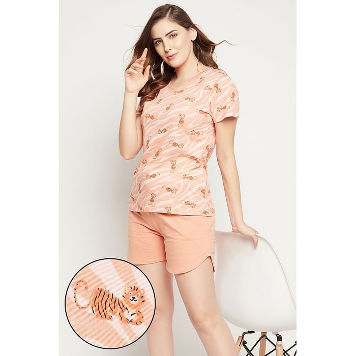 

Clovia Tiger Print Top & Solid Shorts Set in Peach Colour - 100% Cotton - LS0410H34