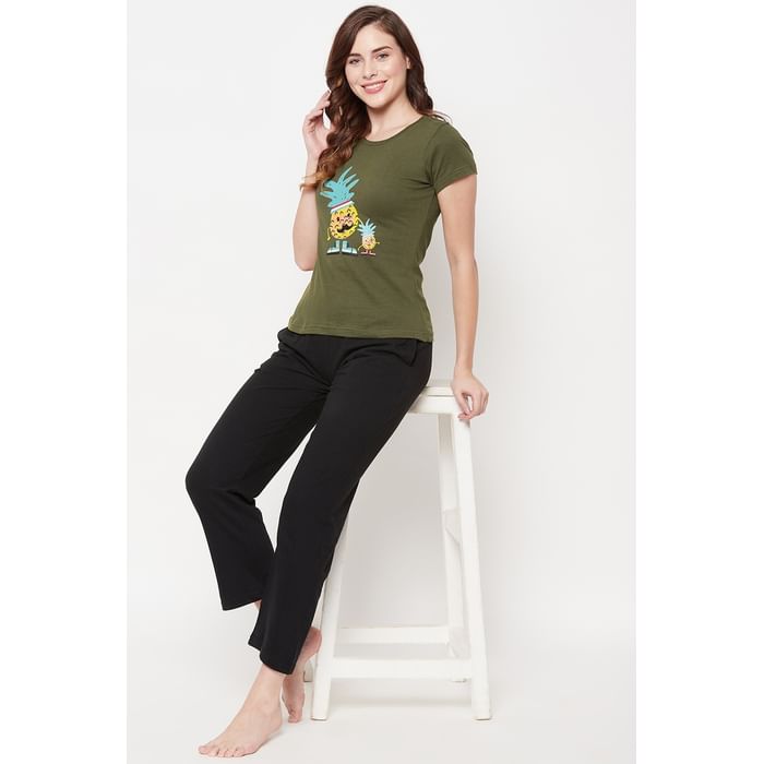 

Clovia Tutti Frutti Top in Olive Green & Chic Basic Pyjama in Black - 100% Cotton - LSC001A17, Dark green