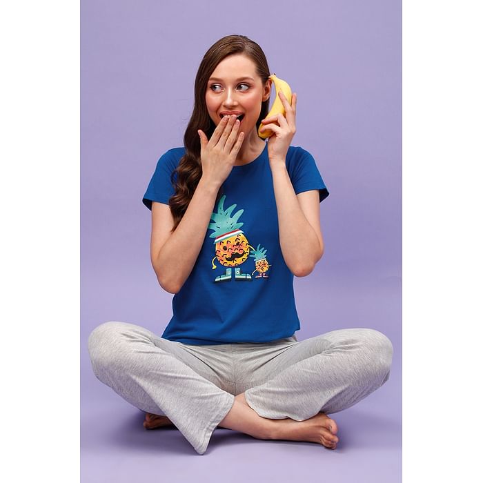 

Clovia Tutti Fruity Top & Pyjama Set in Blue & Grey- 100% Cotton - LSC124D08, Navy