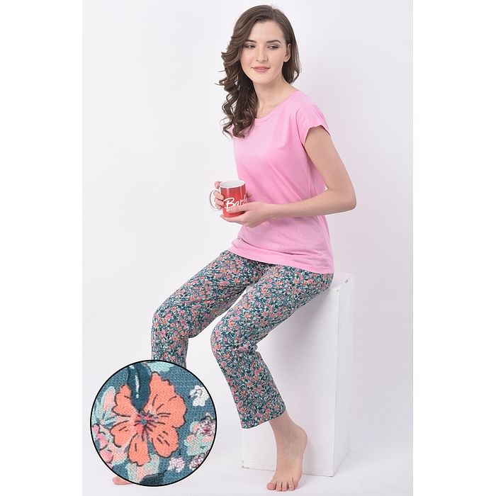 

Clovia Top & Floral Print Pyjama Set in Baby Pink & Grey - Cotton Rich - LSC176F17, Dark green