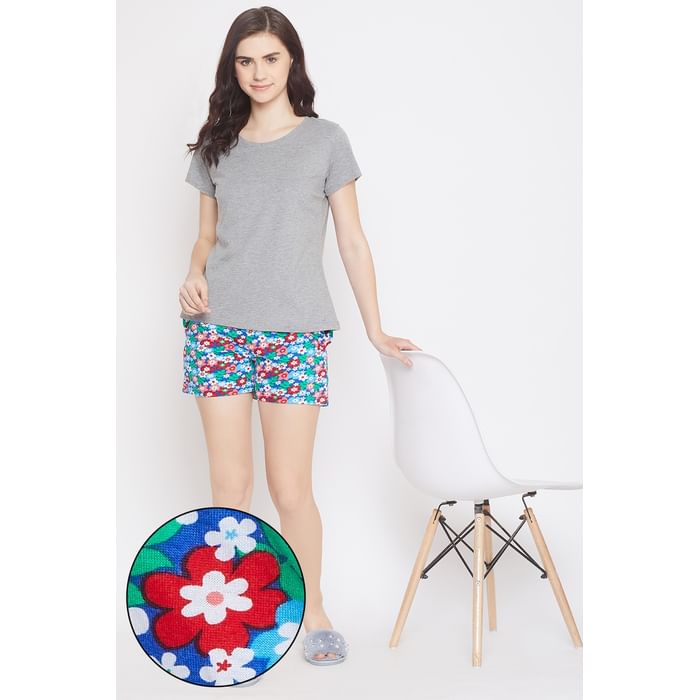 

Clovia Top & Floral Print Short Set in Grey & Multicolor- 100% Cotton - LSC124A19, Multicolour
