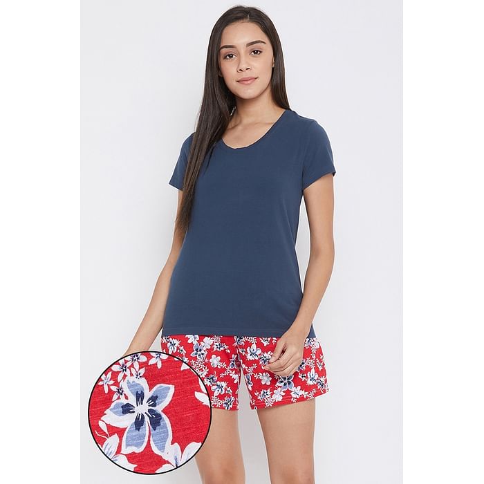 

Clovia Top & Floral Print Shorts Set in Dark Blue & Red- Cotton Rich - LSC123D08, Navy