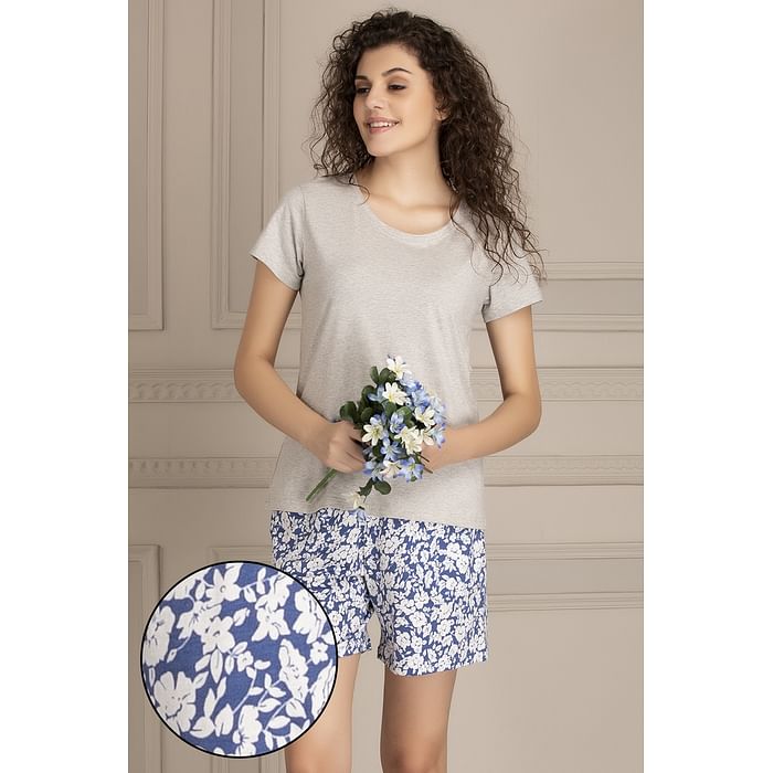 

Clovia Top & Floral Print Shorts Set in Grey & Blue- Cotton Rich - LSC123D01, Light grey