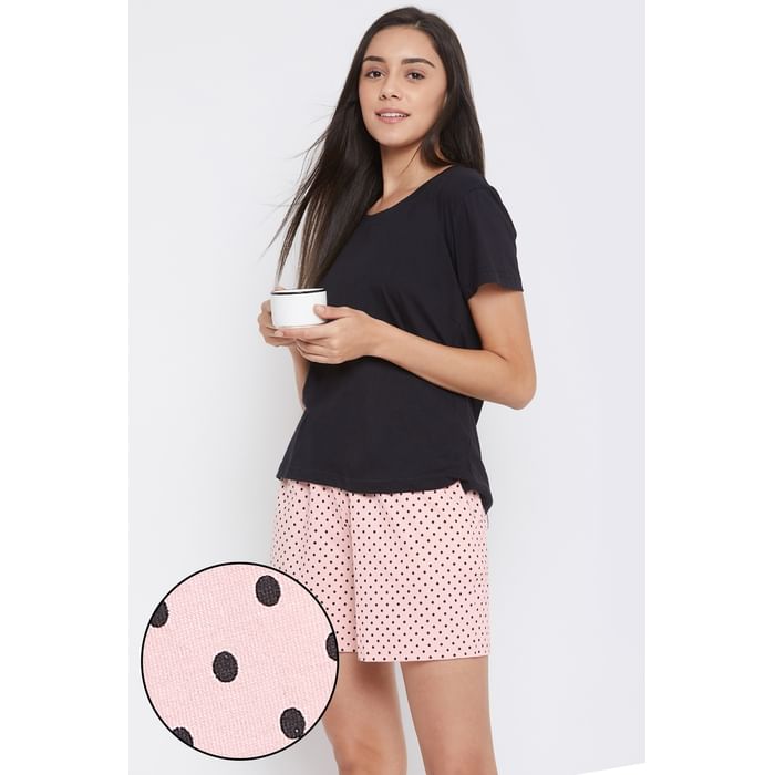 

Clovia Top & Polka Print Shorts Set in Black & Pink- Cotton Rich - LSC123A13