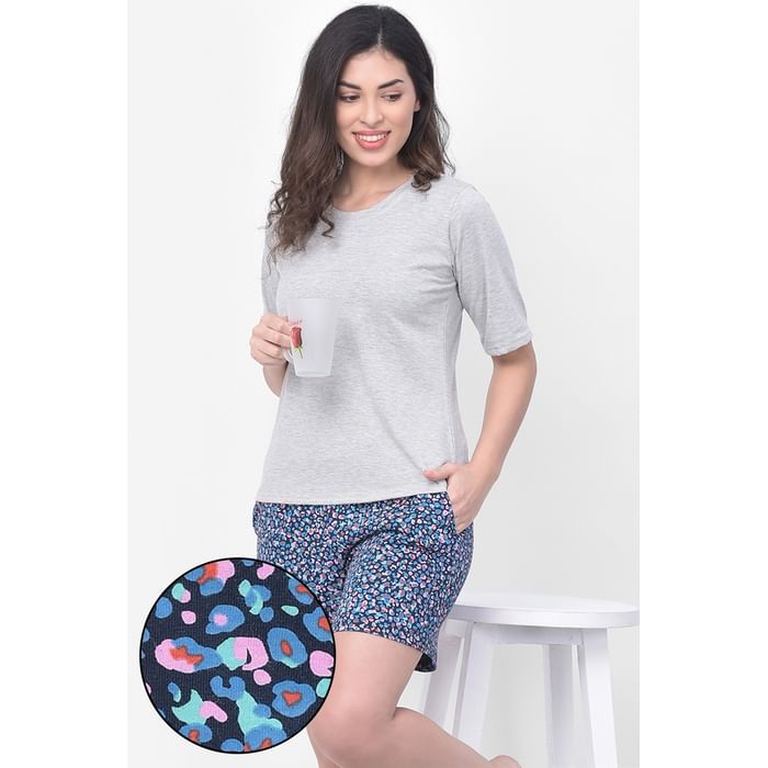 

Clovia Top & Printed Boxer Shorts in Grey & Blue- Cotton Rich - LSC174H01, Light grey