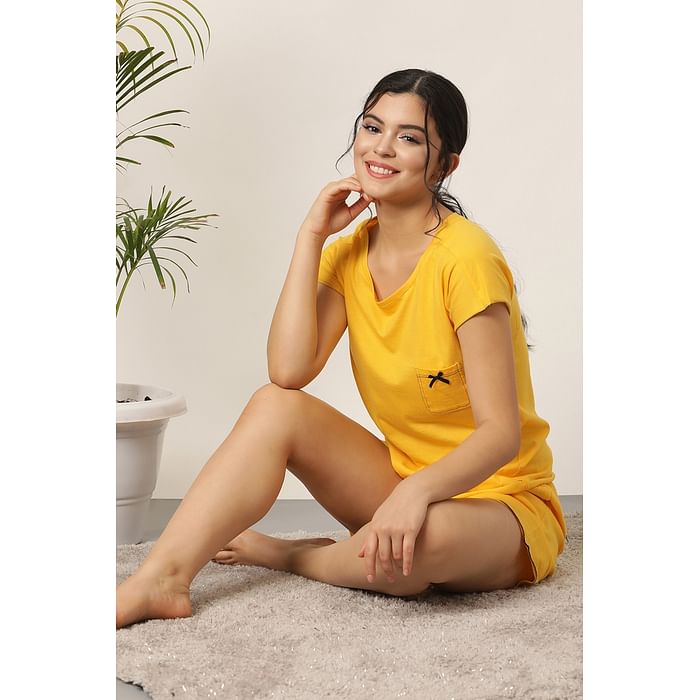 

Clovia Chic Basic Top & Shorts in Yellow - 100% Cotton - LS0017P07, Mustard
