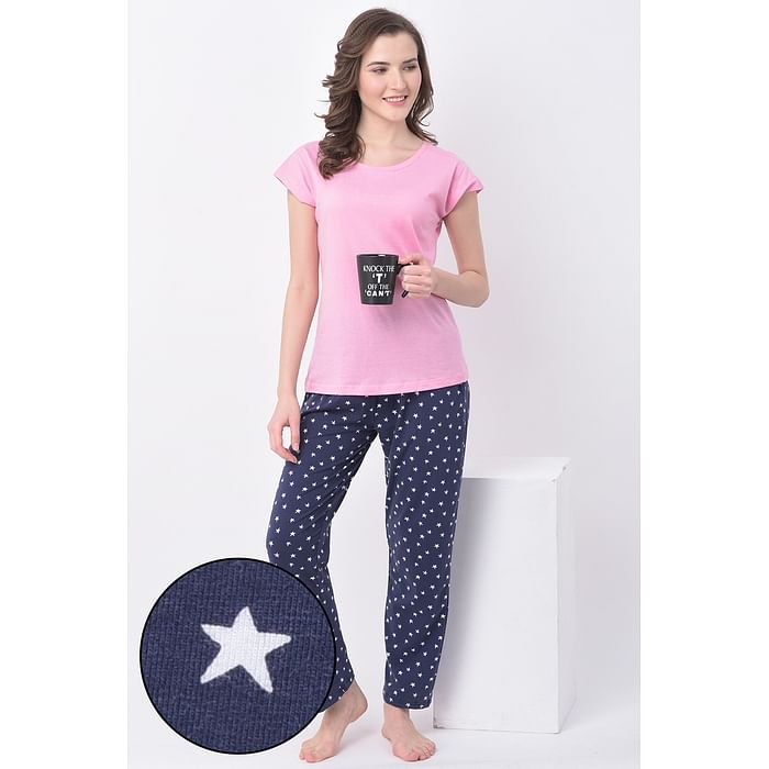 

Clovia Top & Star Print Pyjama Set in Baby Pink & Navy - Cotton Rich - LSC176Q08