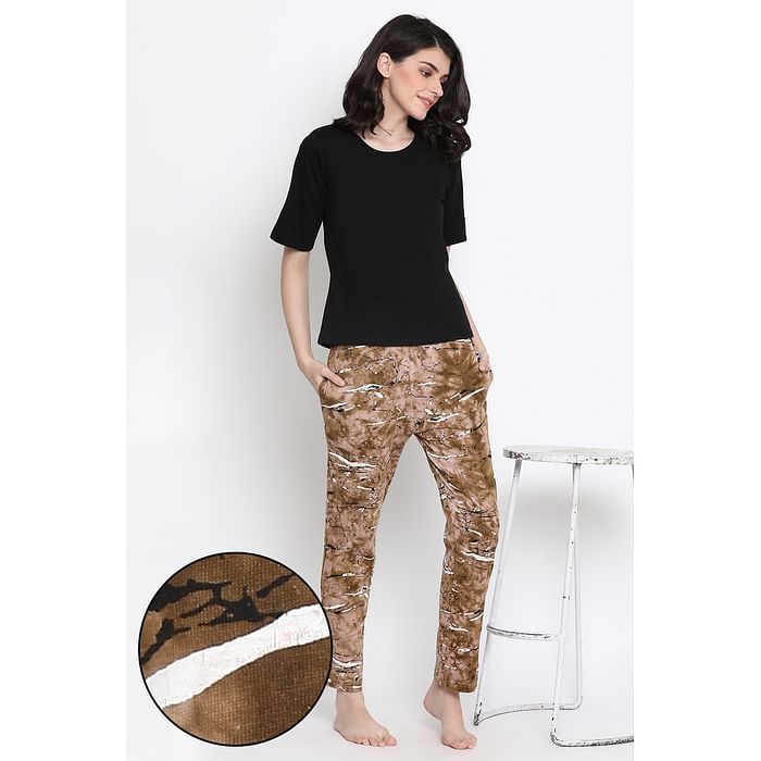 

Clovia Top & Tie-Dye Pyjama in Black & Brown- Cotton Rich - LSC123D06