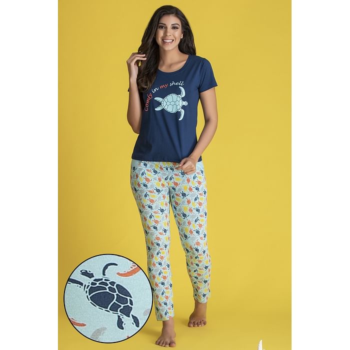 

Clovia Tortoise Print Top & Pyjama in Navy & Light Blue -100% Cotton - LS0413D08