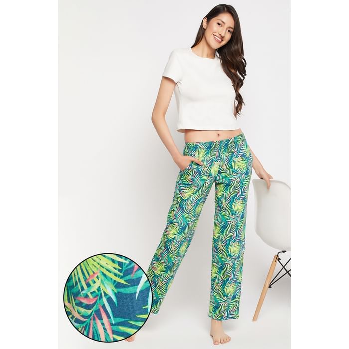 

Clovia Tropical Print Pyjama in Jade Green - 100% Cotton - LB0149E17, Dark green
