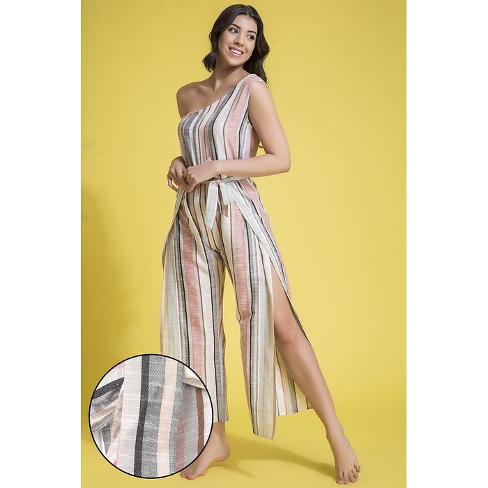 

Clovia Multicoloured Striped Resortwear Jumpsuit - Cotton - RW0054P19, Multicolour