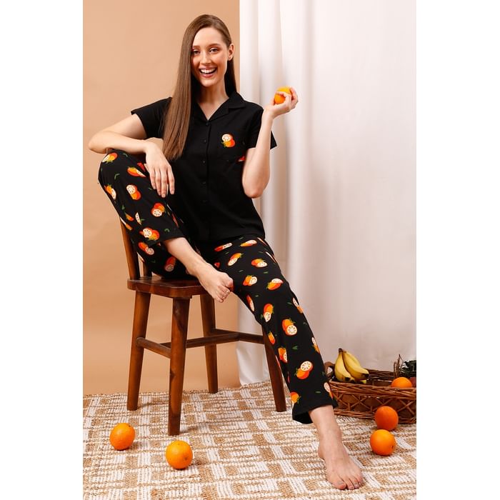 

Clovia Tutti Fruity Button Down Shirt & Pyjama Set in Black - 100% Cotton - LS0025F13