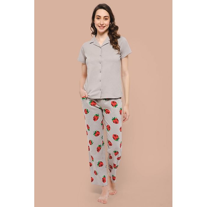 

Clovia Tutti Fruity Button Down Shirt & Pyjama Set in Grey - 100% Cotton - LS0025L01, Light grey