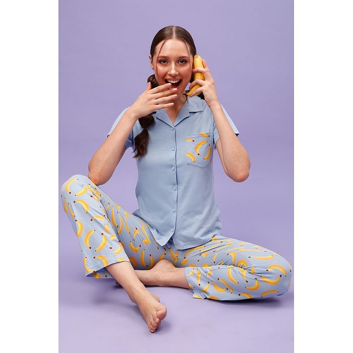 

Clovia Tutti Fruity Button Down Shirt & Pyjama Set in Powder Blue - Cotton - LS0025M03, Light blue