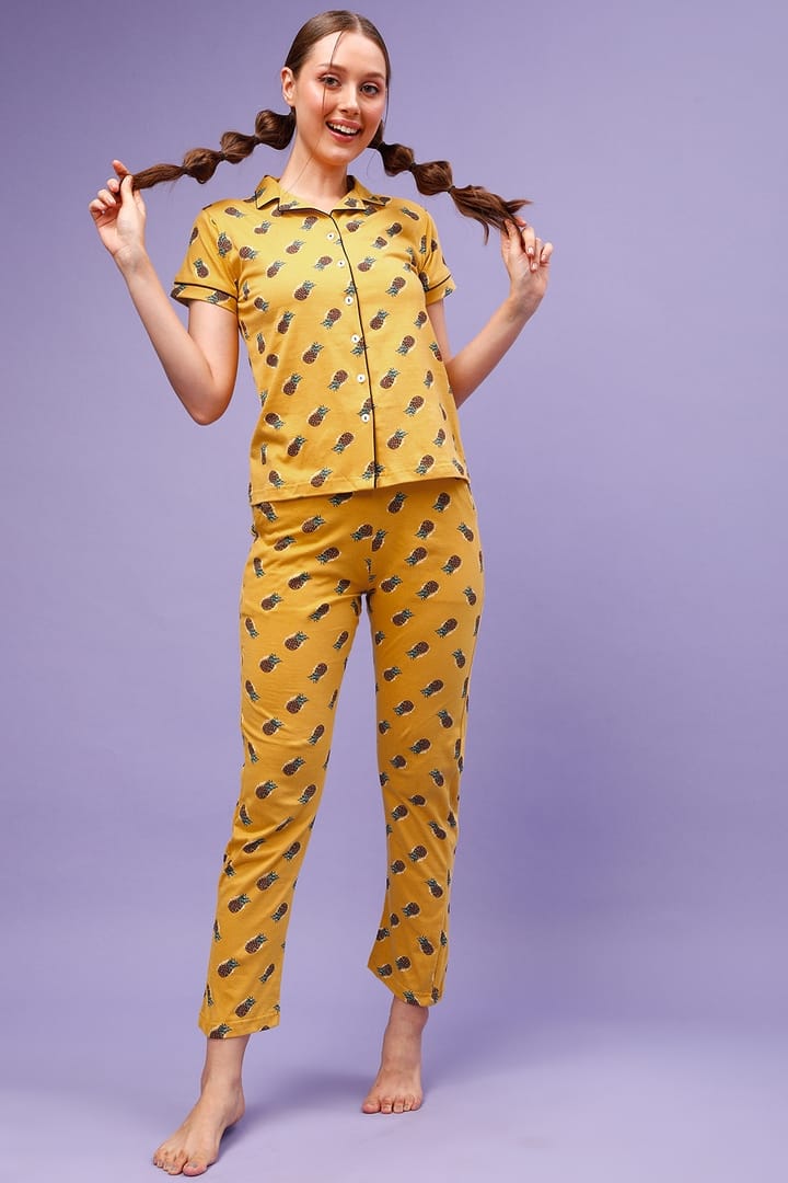 Tutti Fruity Button Down Shirt Pyjama Set in Yellow 100% Cotton