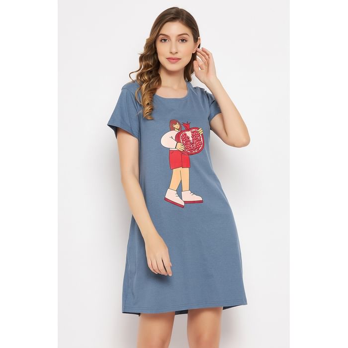 

Clovia Tutti Fruity Short Night Dress in Dusty Blue - 100% Cotton - NS1209M08, Navy