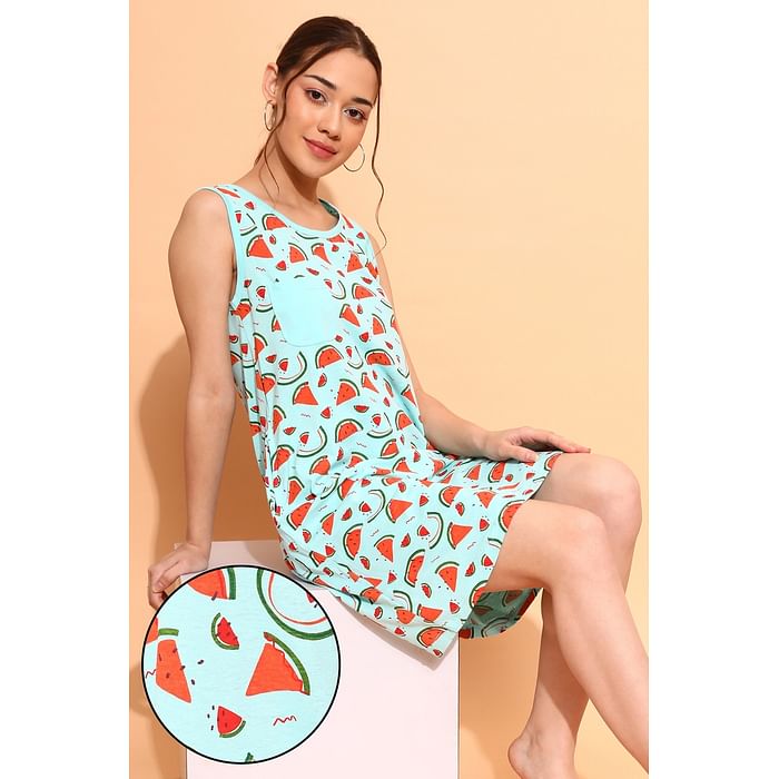 

Clovia Tutti Fruity Short Night Dress in Sky Blue - 100% Cotton - NS1169D03, Light blue