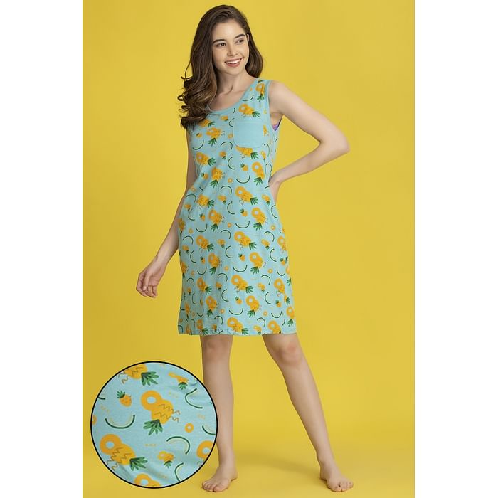 

Clovia Tutti Fruity Short Night Dress in Sky Blue - 100% Cotton - NS1169P03, Light blue