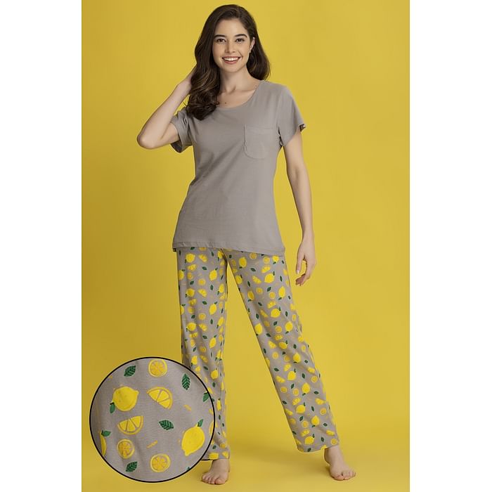 

Clovia Chic Basic Top & Tutti Fruity Pyjama Set in Dark Grey - 100% Cotton - LS0413J05