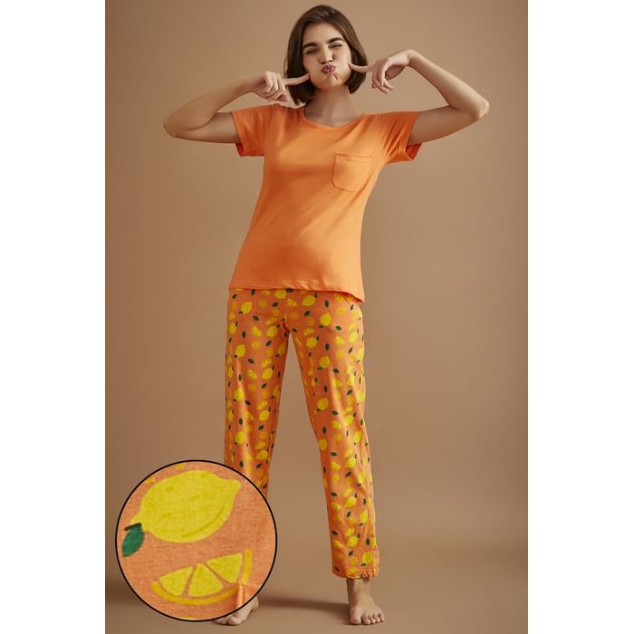 

Clovia Chic Basic Top & Tutti Fruity Pyjama Set in Peach Colour - 100% Cotton - LS0413S34