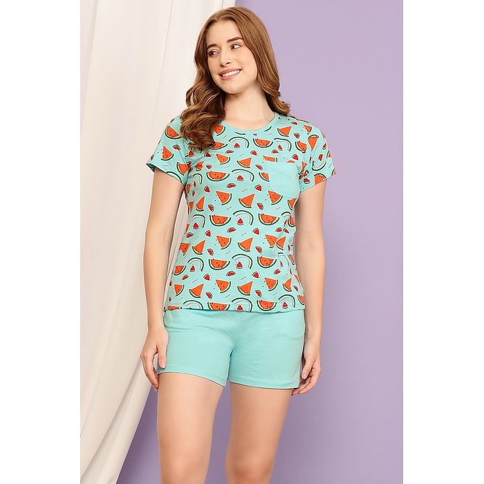 

Clovia Tutti Fruity Top & Chic Basic Shorts Set in Sky Blue - 100% Cotton - LS0410M03, Light blue