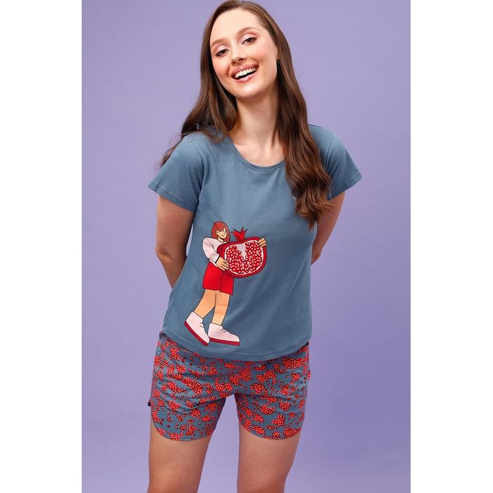 

Clovia Tutti Fruity Top & Shorts Set in Yale Blue - 100% Cotton - LS0410G08, Navy
