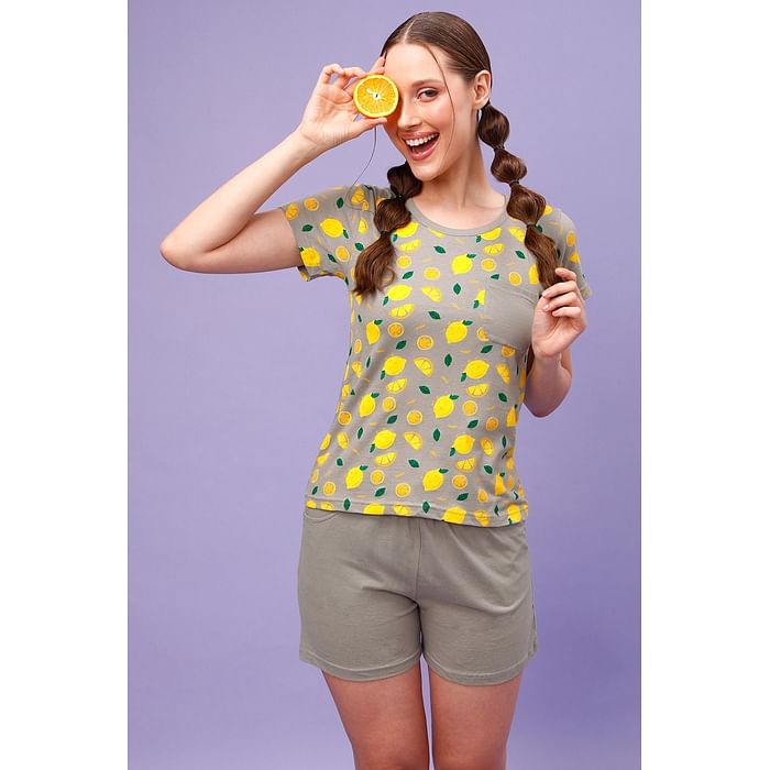 

Clovia Tutti Fruity Top & Chic Basic Shorts Set in Dark Grey - 100% Cotton - LS0410Q05