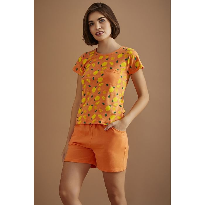 

Clovia Tutti Fruity Top & Chic Basic Shorts Set in Peach Colour - 100% Cotton - LS0410Q34