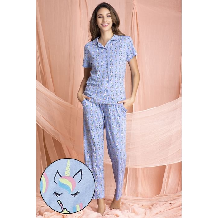

Clovia Unicorn Print Button Me Up Shirt & Pyjama in Powder Blue - 100% Cotton - LS0025D12, Lavender