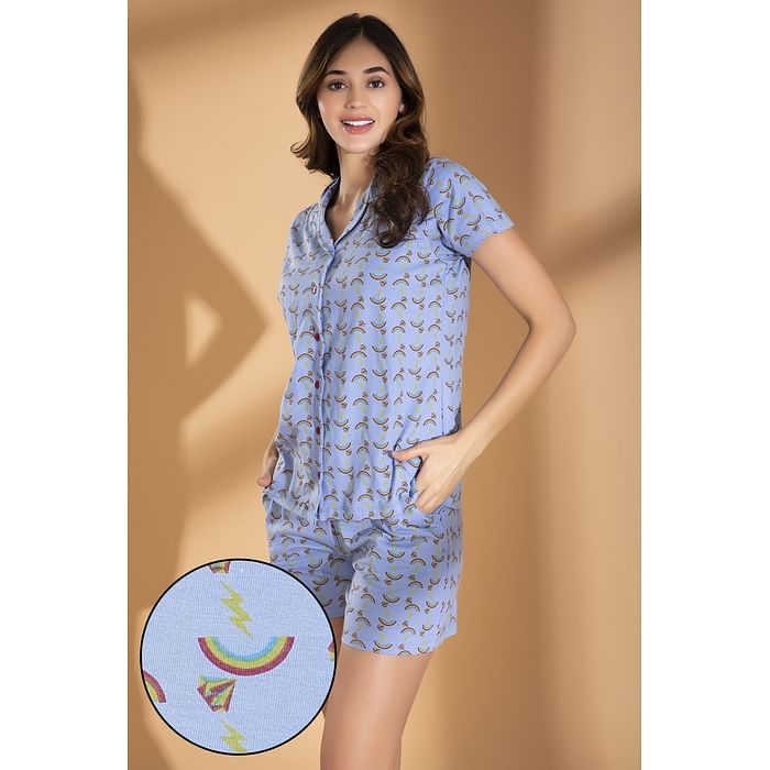 

Clovia Rainbow Print Button Me Up Shirt & Shorts Set in Lilac - Cotton Rich - LS0094A12, Lavender