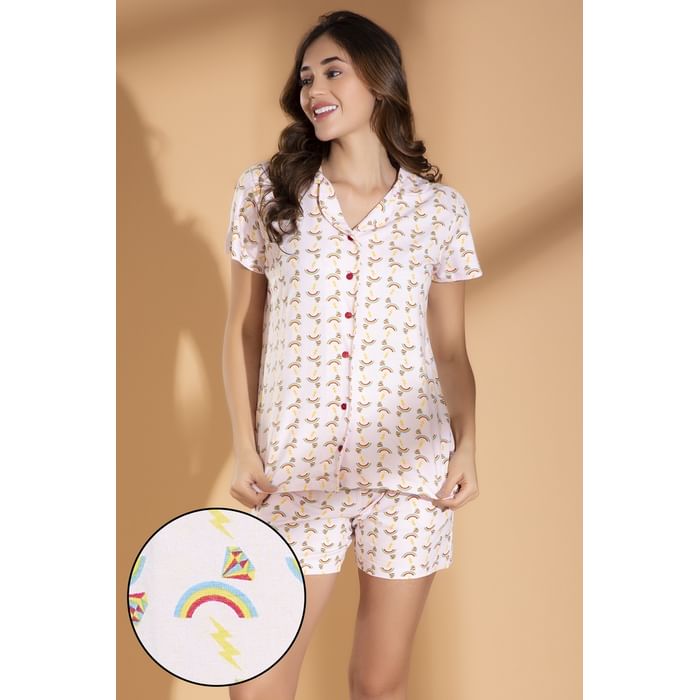 

Clovia Rainbow Print Button Me Up Shirt & Shorts Set in White - 100% Cotton - LS0094A22, Light pink
