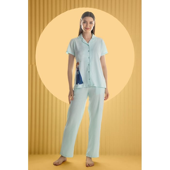 

Clovia Scorpio Print Button Down Shirt & Pyjama Set in Baby Blue - 100% Cotton - LS0025S03, Light blue