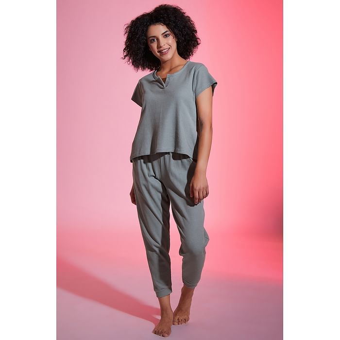 

Clovia Waffle Knit Top & Joggers Set in Sage Green - 100% Cotton - LS0614P11, Light green
